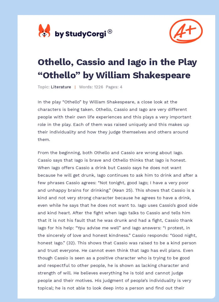 Othello, Cassio and Iago in the Play “Othello” by William Shakespeare. Page 1