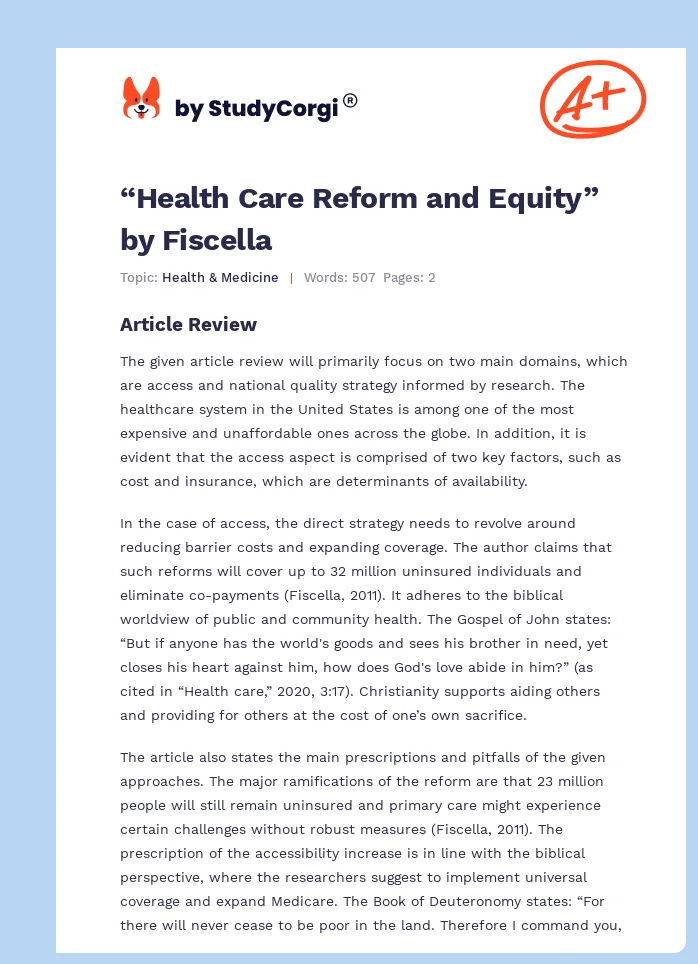 “Health Care Reform and Equity” by Fiscella. Page 1