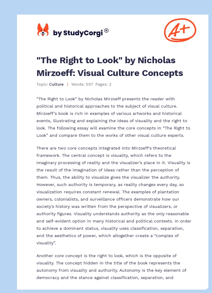 "The Right to Look" by Nicholas Mirzoeff: Visual Culture Concepts. Page 1