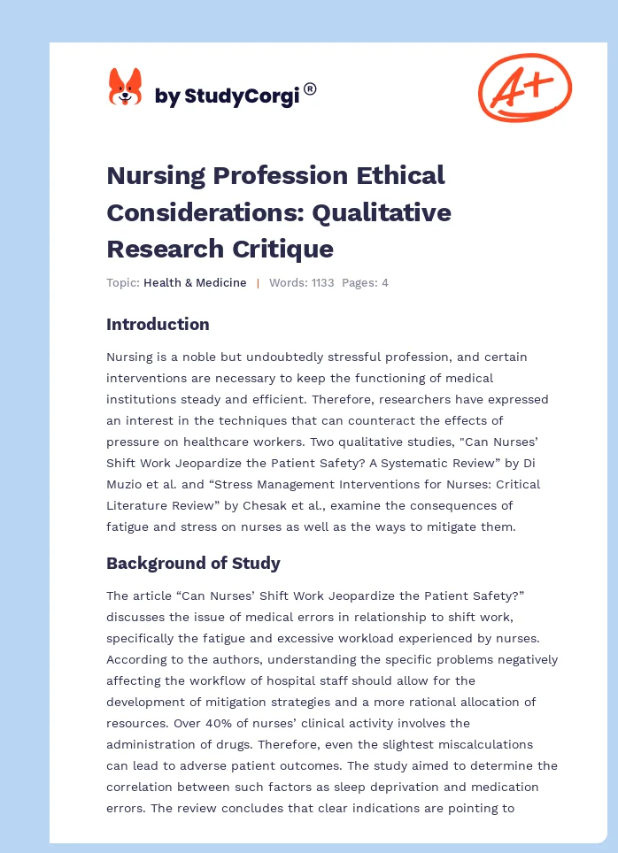 Nursing Profession Ethical Considerations: Qualitative Research Critique. Page 1