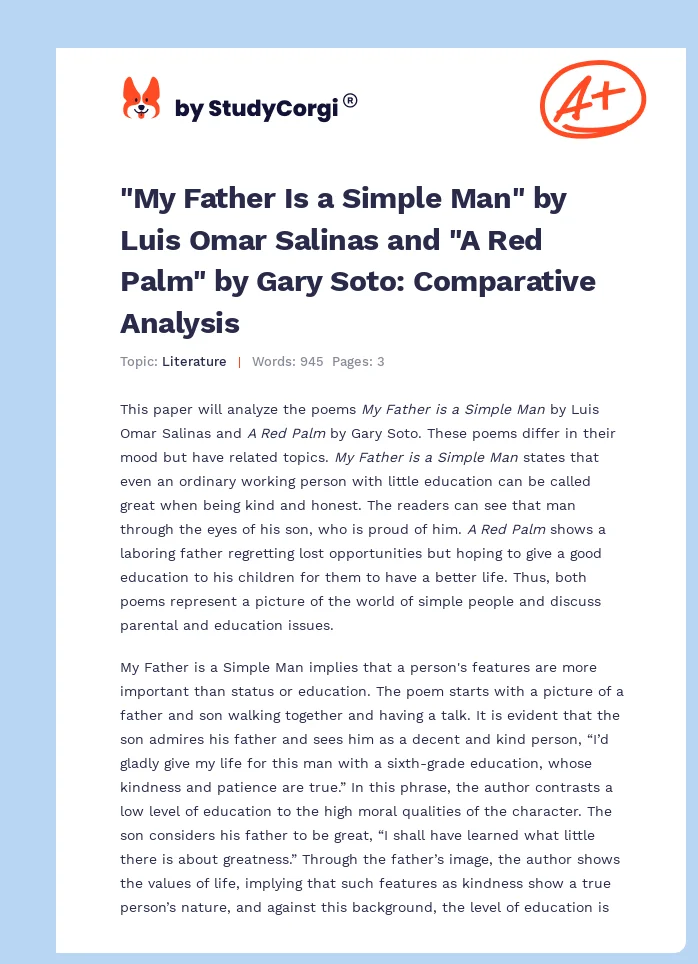 "My Father Is a Simple Man" by Luis Omar Salinas and "A Red Palm" by Gary Soto: Comparative Analysis. Page 1