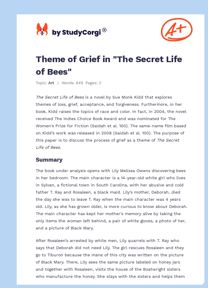 Theme of Grief in "The Secret Life of Bees". Page 1