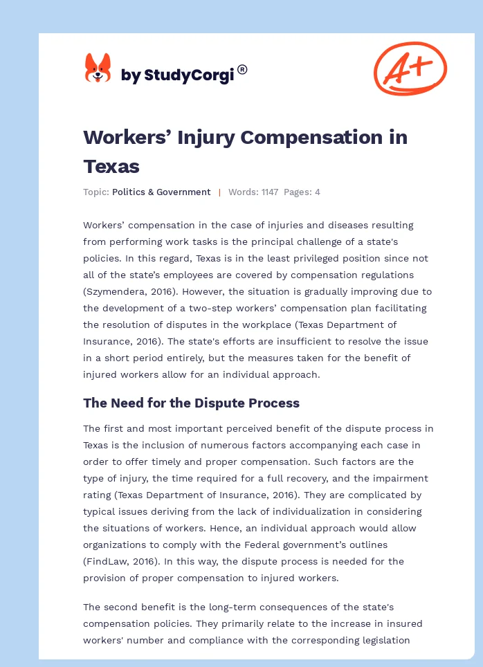 Workers’ Injury Compensation in Texas. Page 1