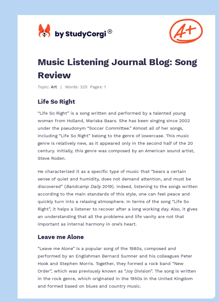 Music Listening Journal Blog: Song Review. Page 1