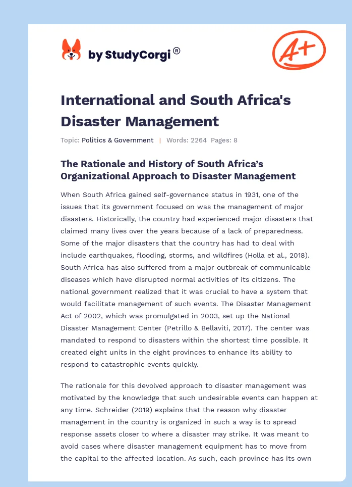 International and South Africa's Disaster Management. Page 1