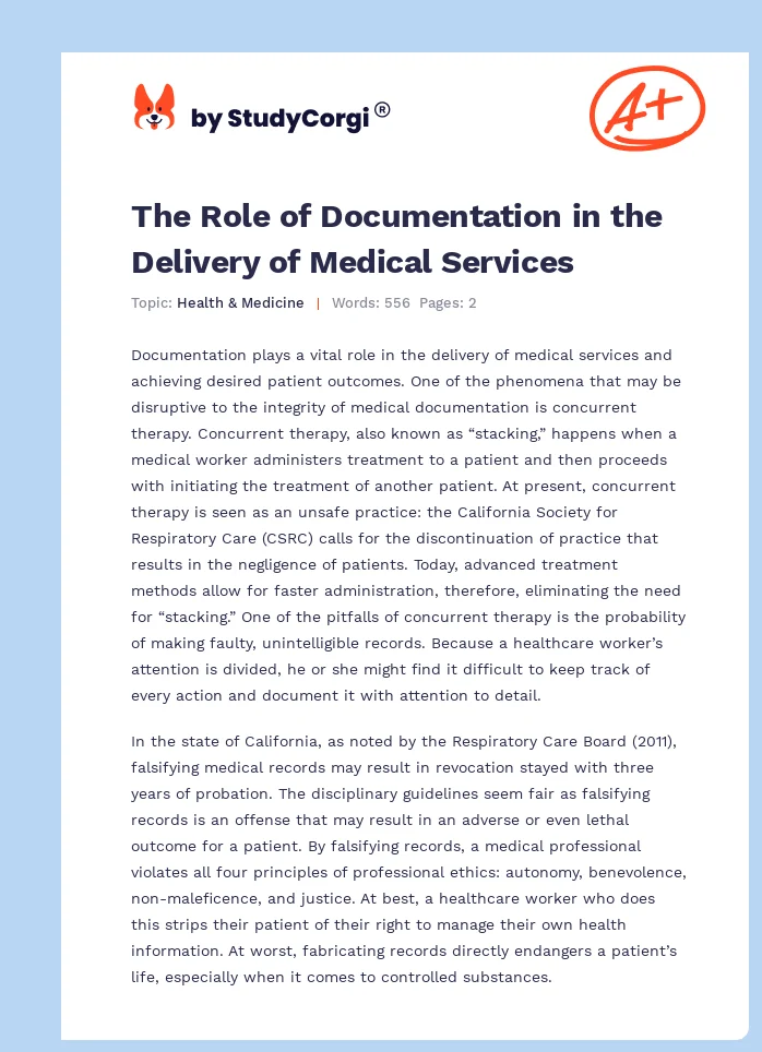 The Role of Documentation in the Delivery of Medical Services. Page 1