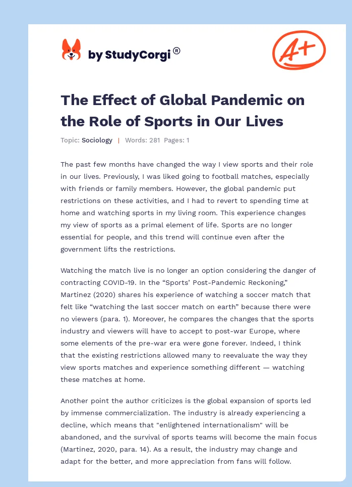 The Effect of Global Pandemic on the Role of Sports in Our Lives. Page 1