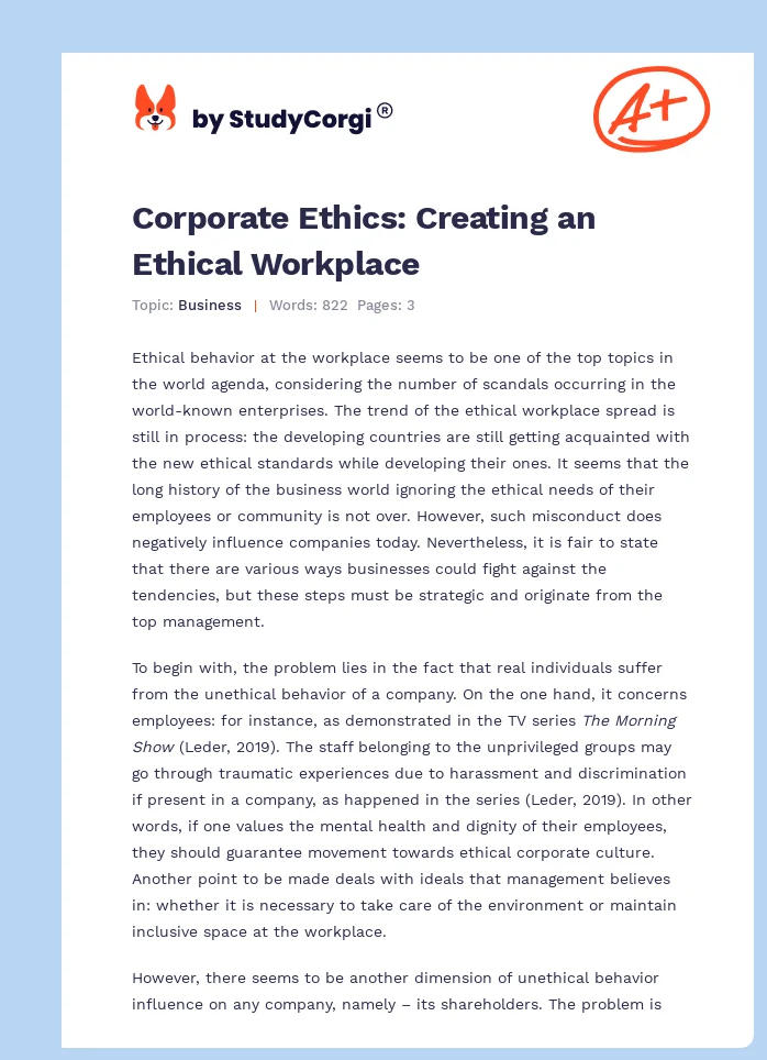 Corporate Ethics: Creating an Ethical Workplace. Page 1