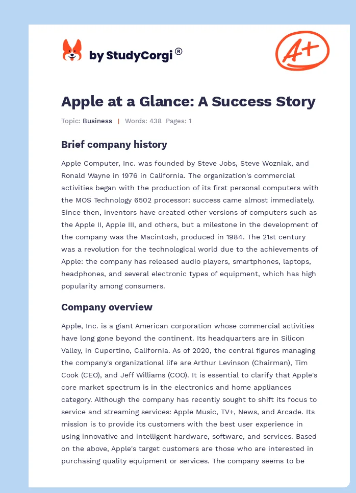 Apple at a Glance: A Success Story. Page 1