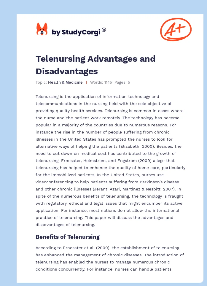 Telenursing Advantages and Disadvantages. Page 1