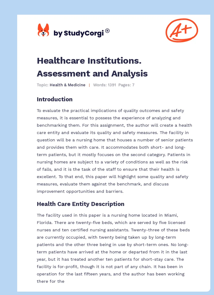 Healthcare Institutions. Assessment and Analysis. Page 1