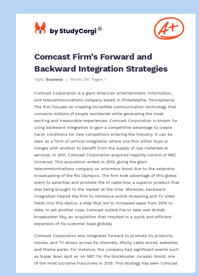 Comcast Firm’s Forward and Backward Integration Strategies. Page 1