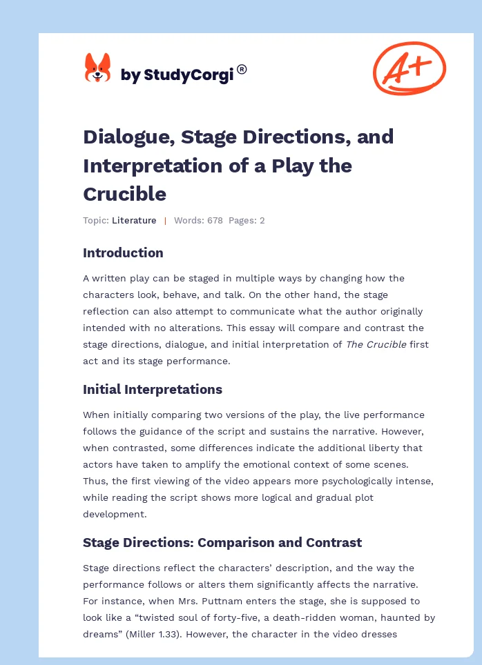 Dialogue, Stage Directions, and Interpretation of a Play the Crucible. Page 1
