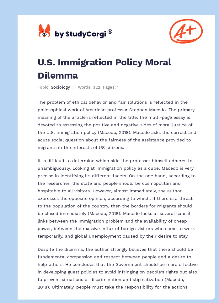 U.S. Immigration Policy Moral Dilemma. Page 1