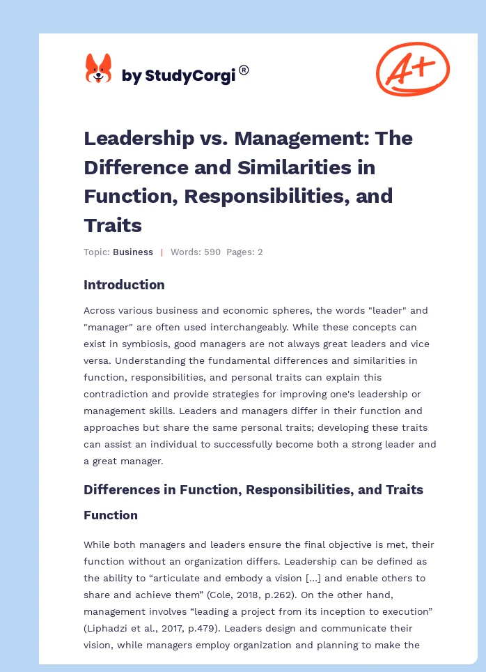 Leadership vs. Management: The Difference and Similarities in Function, Responsibilities, and Traits. Page 1