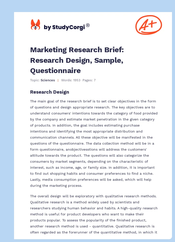 Marketing Research Brief: Research Design, Sample, Questionnaire. Page 1
