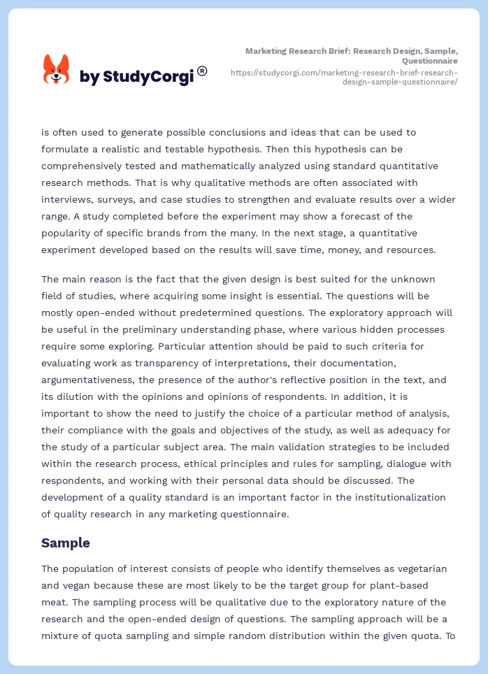 Marketing Research Brief: Research Design, Sample, Questionnaire. Page 2