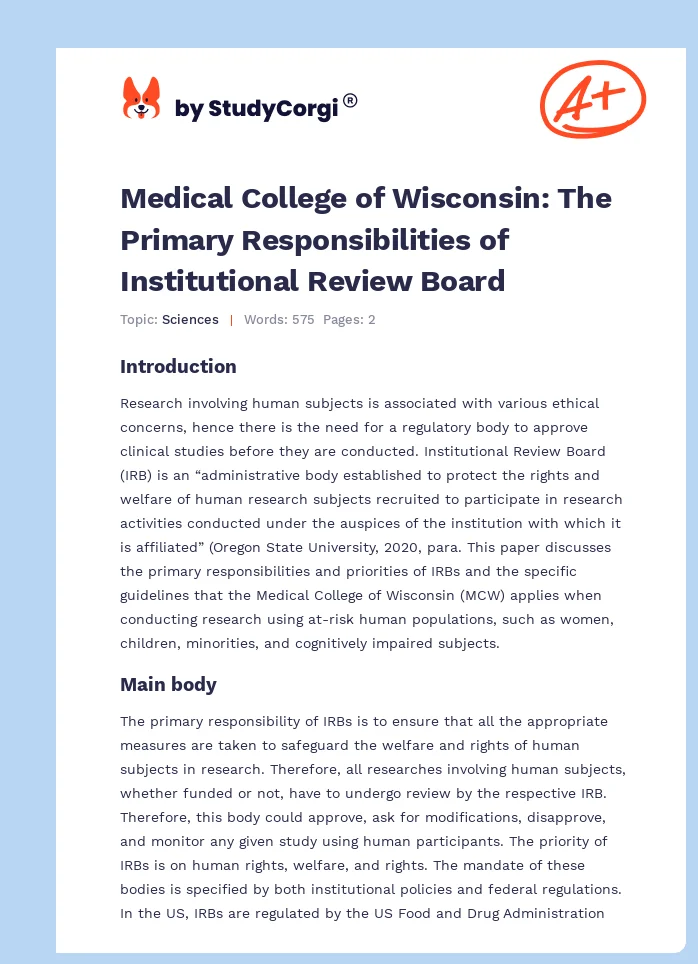 Medical College of Wisconsin: The Primary Responsibilities of Institutional Review Board. Page 1