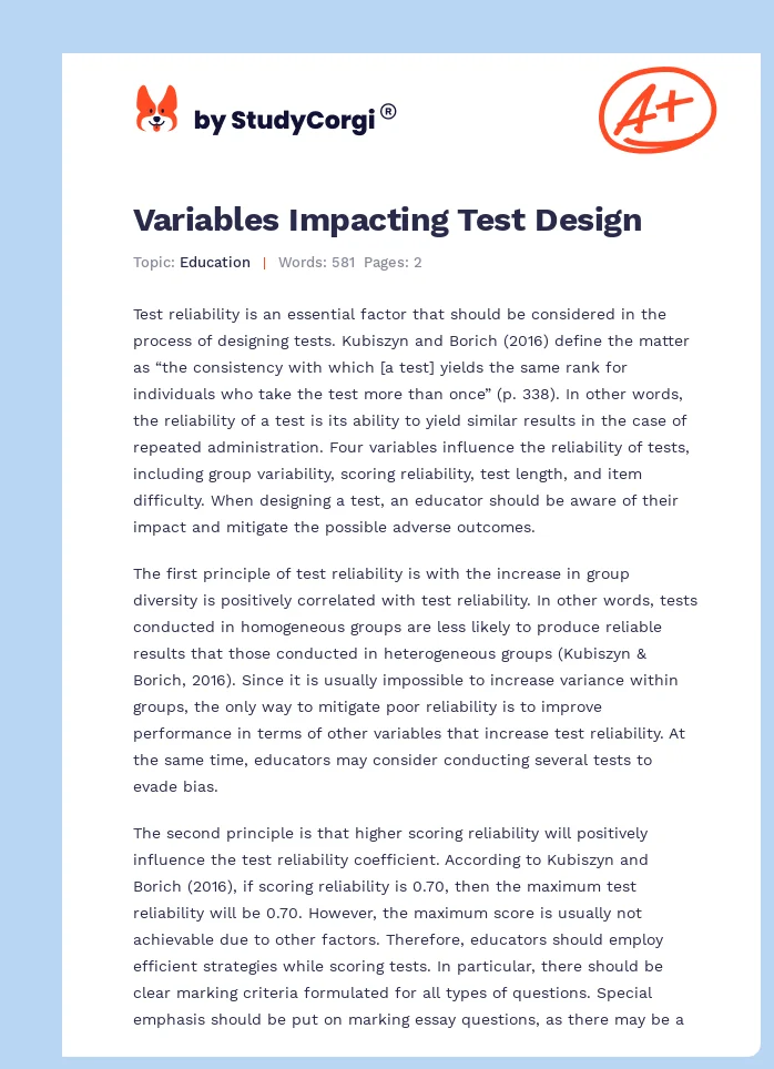 Variables Impacting Test Design. Page 1