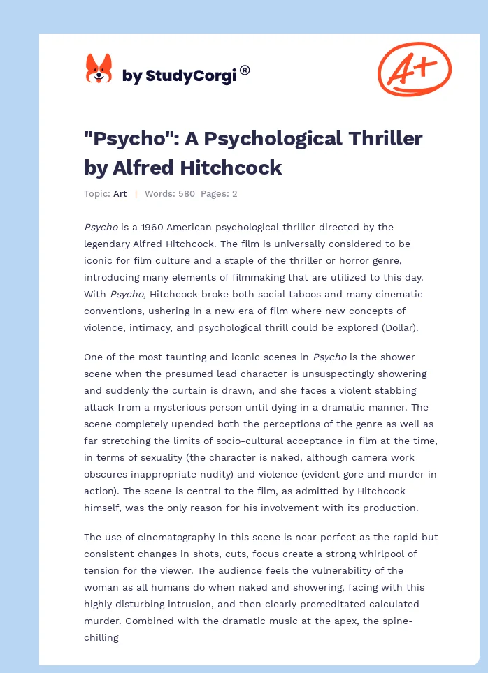 "Psycho": A Psychological Thriller by Alfred Hitchcock. Page 1