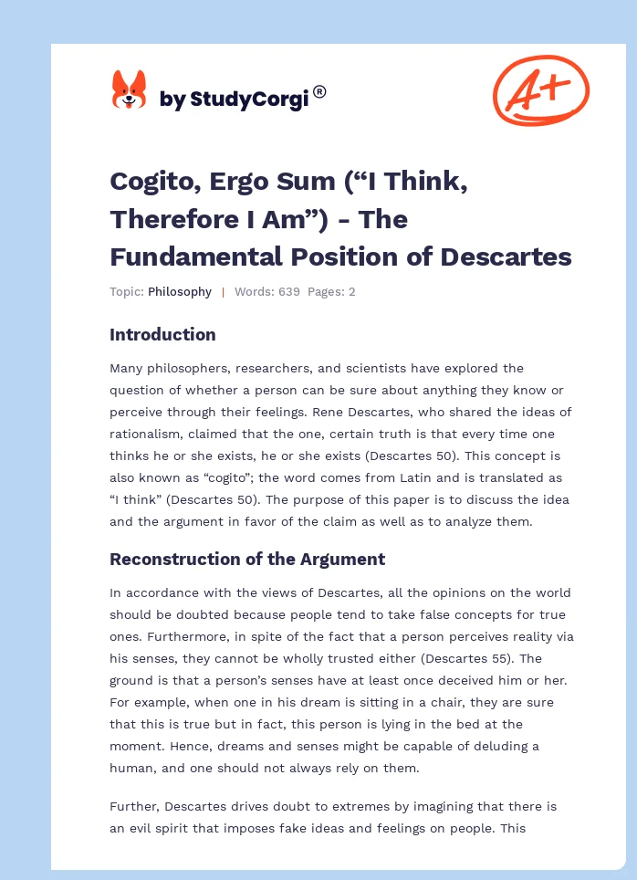 Cogito, Ergo Sum (“I Think, Therefore I Am”) - The Fundamental Position of Descartes. Page 1