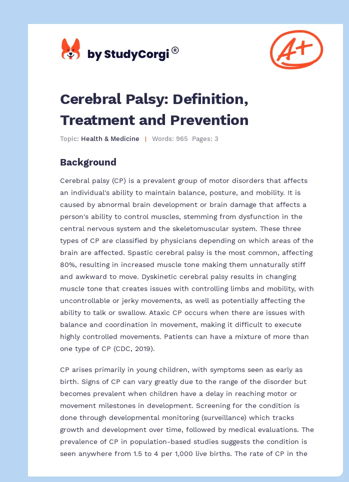 Cerebral Palsy: Definition, Treatment and Prevention. Page 1