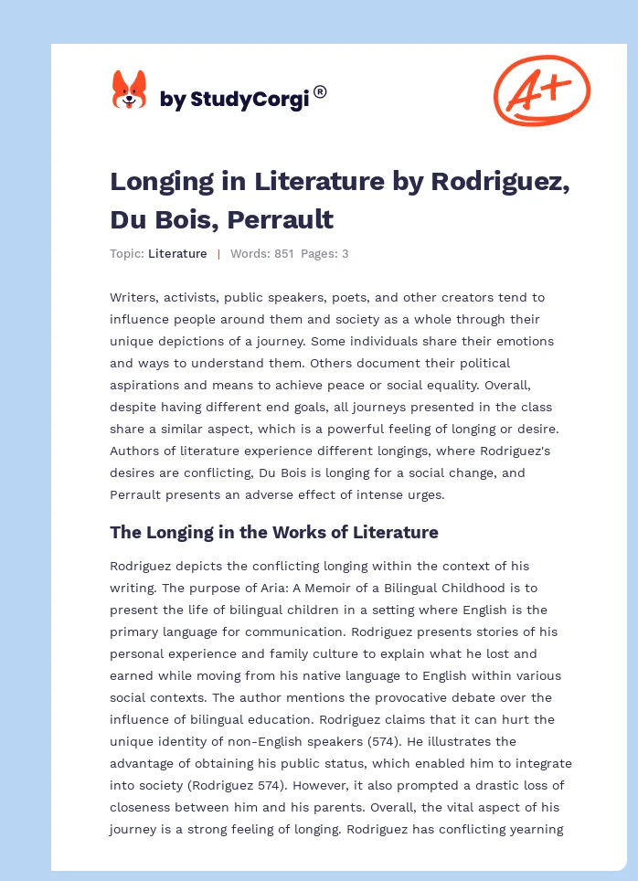 Longing in Literature by Rodriguez, Du Bois, Perrault. Page 1