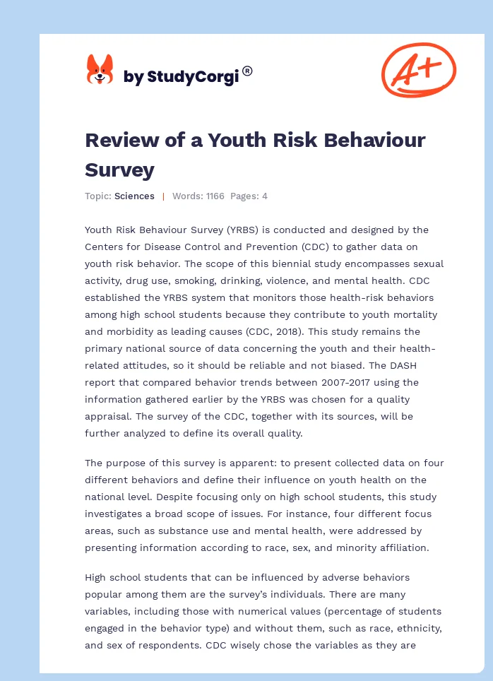 Review of a Youth Risk Behaviour Survey. Page 1