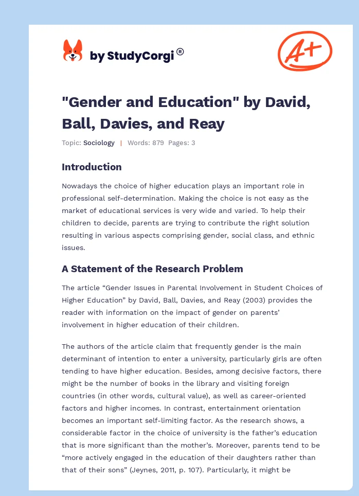 "Gender and Education" by David, Ball, Davies, and Reay. Page 1