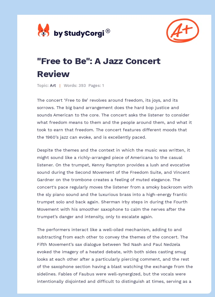 "Free to Be": A Jazz Concert Review. Page 1