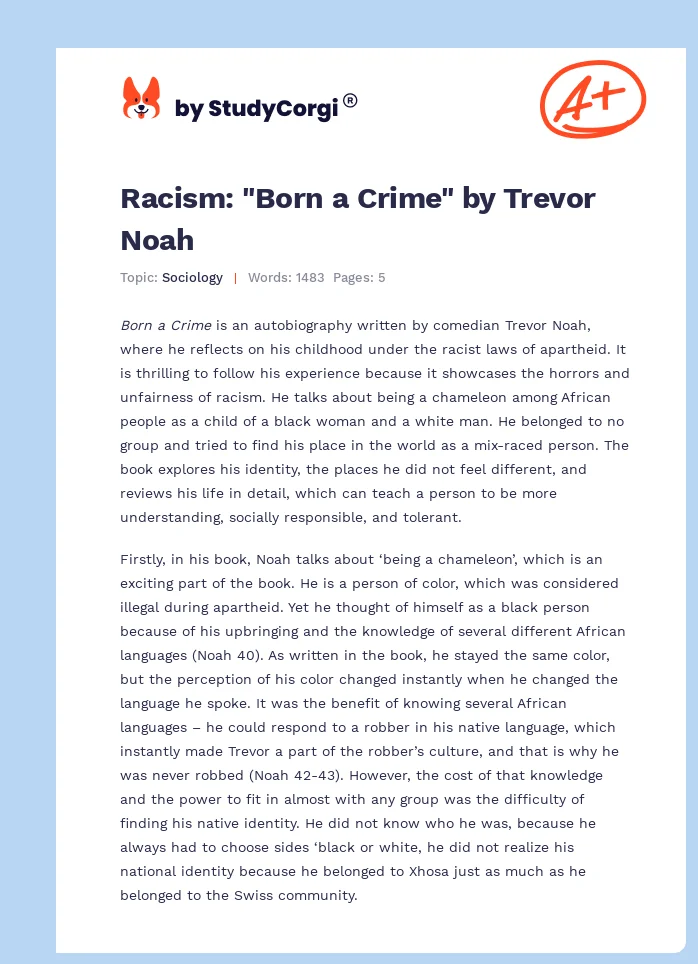 Racism: "Born a Crime" by Trevor Noah. Page 1