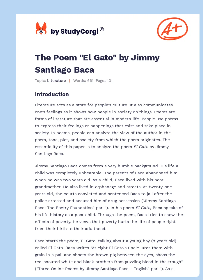 The Poem "El Gato" by Jimmy Santiago Baca. Page 1