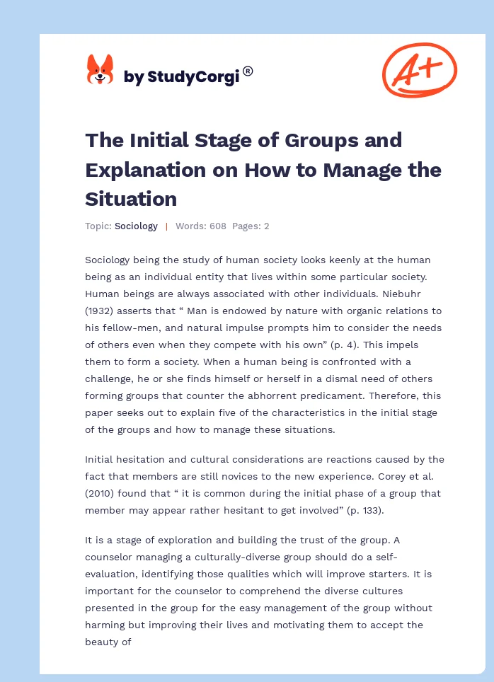 The Initial Stage of Groups and Explanation on How to Manage the Situation. Page 1