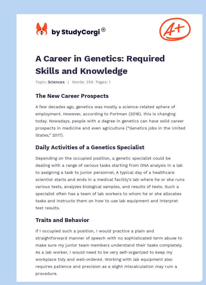 A Career in Genetics: Required Skills and Knowledge. Page 1