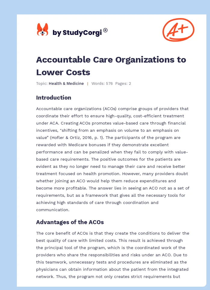 Accountable Care Organizations to Lower Costs. Page 1