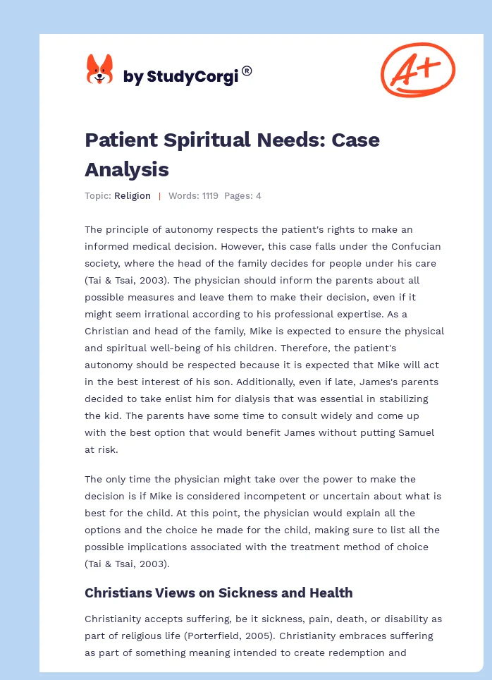 Patient Spiritual Needs: Case Analysis. Page 1