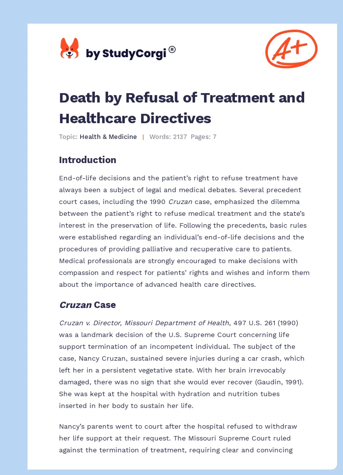 Death by Refusal of Treatment and Healthcare Directives. Page 1