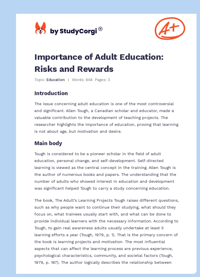 Importance of Adult Education: Risks and Rewards. Page 1
