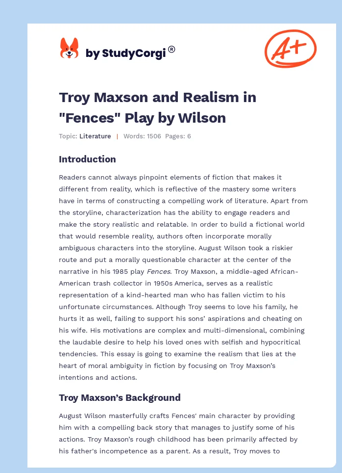 Troy Maxson and Realism in "Fences" Play by Wilson. Page 1