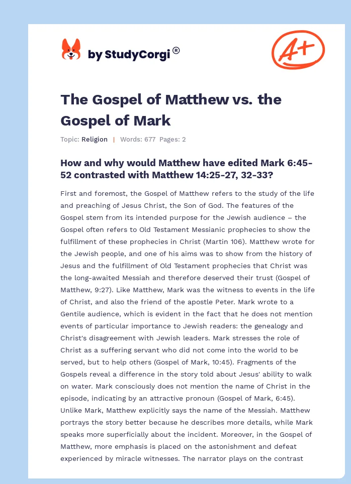 The Gospel of Matthew vs. the Gospel of Mark. Page 1
