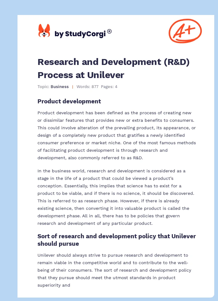 Research and Development (R&D) Process at Unilever. Page 1