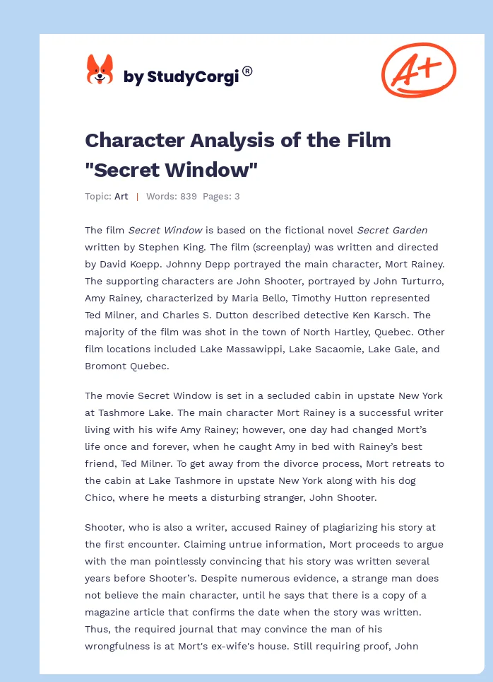 Character Analysis of the Film "Secret Window". Page 1