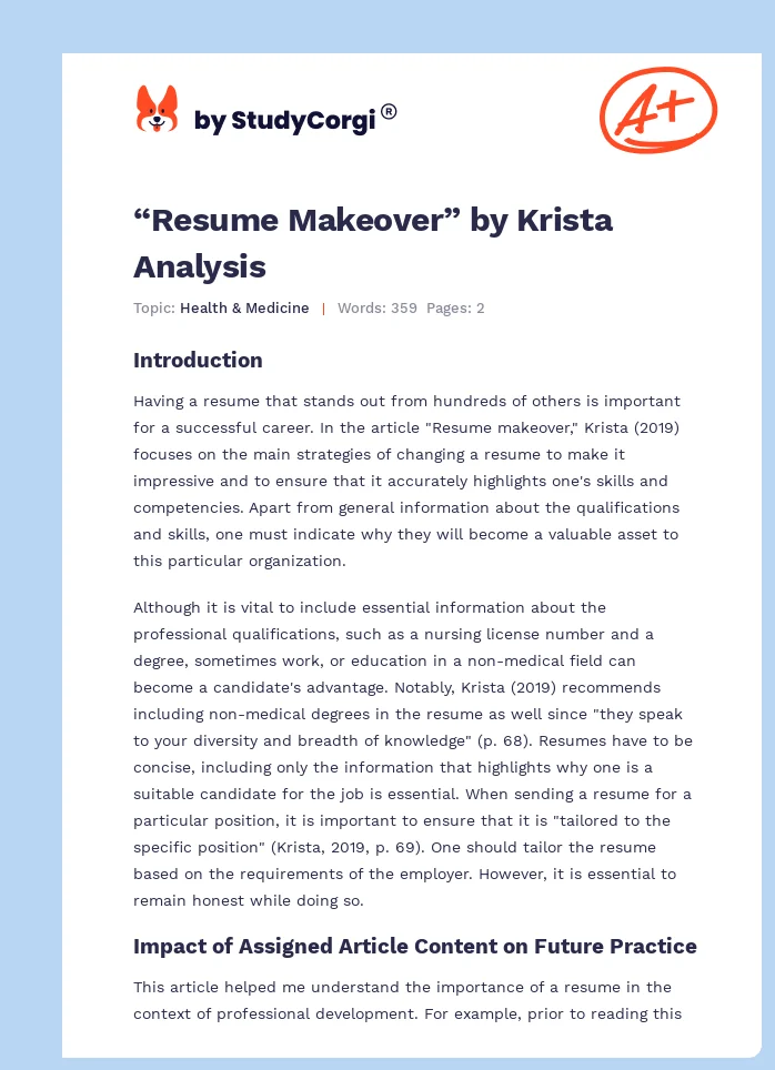 “Resume Makeover” by Krista Analysis. Page 1