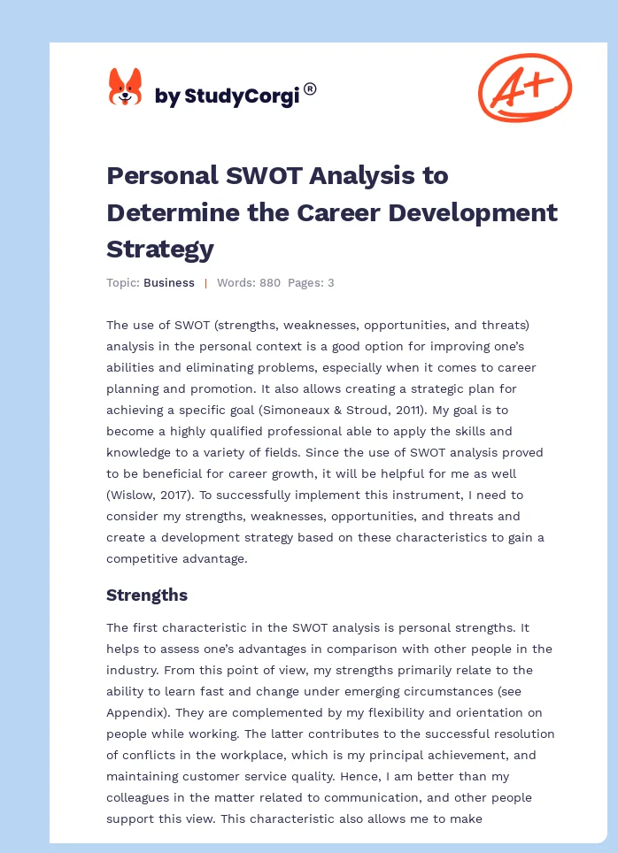 Personal SWOT Analysis to Determine the Career Development Strategy. Page 1