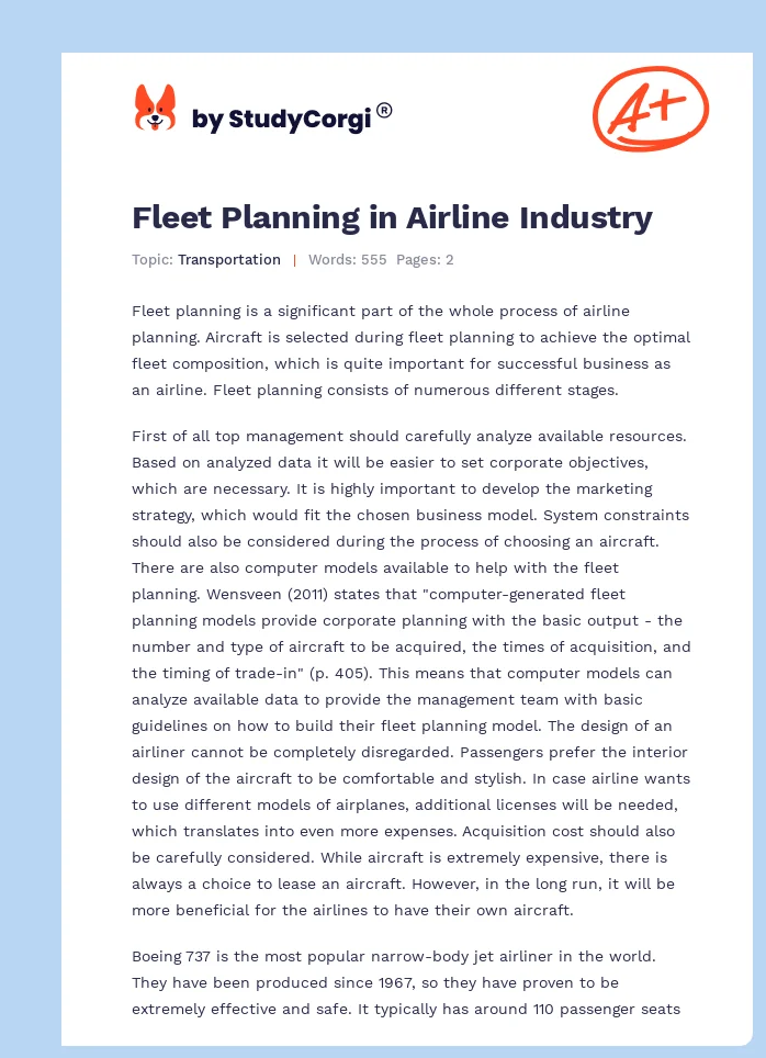 Fleet Planning in Airline Industry. Page 1