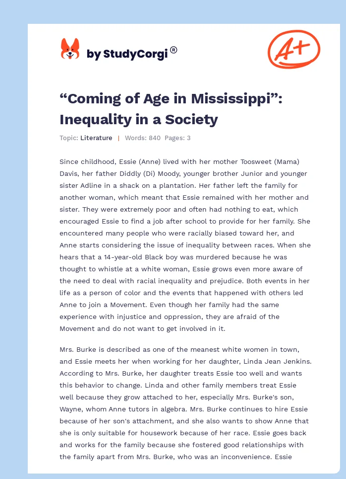 “Coming of Age in Mississippi”: Inequality in a Society. Page 1