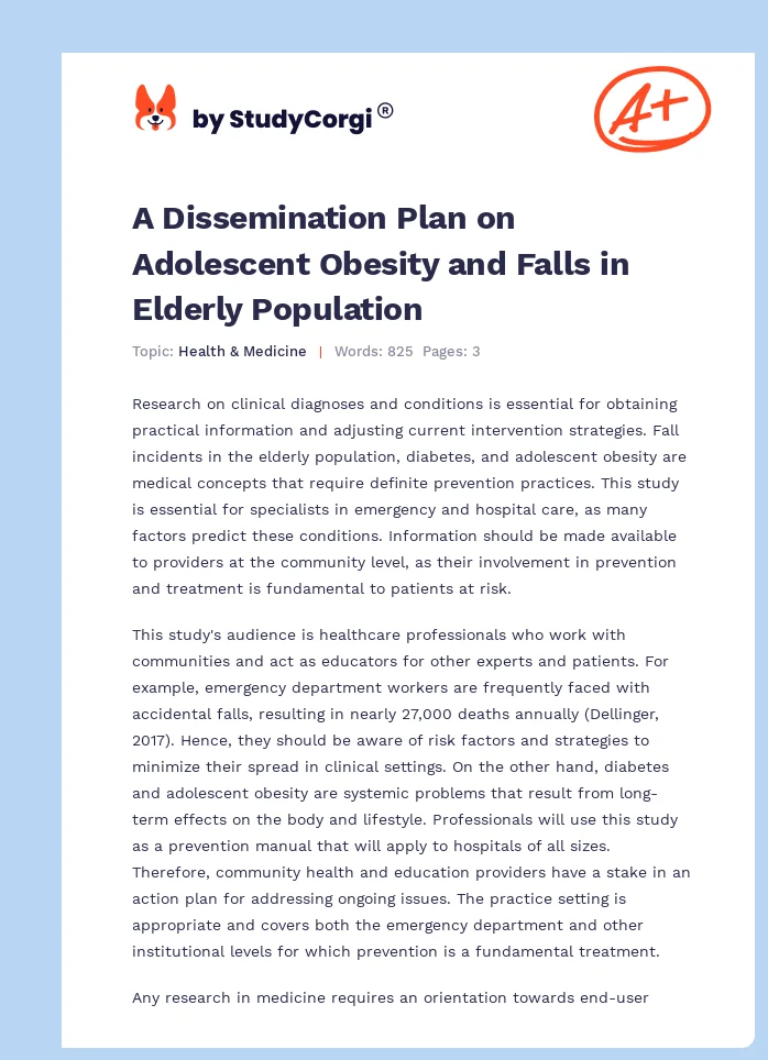 A Dissemination Plan on Adolescent Obesity and Falls in Elderly Population. Page 1