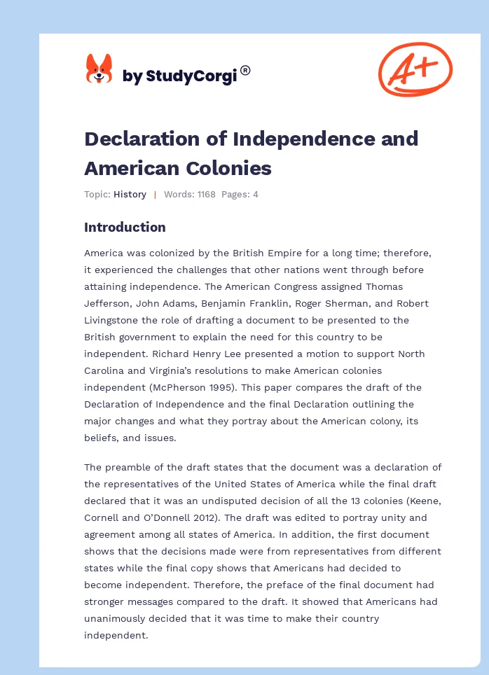Declaration of Independence and American Colonies. Page 1