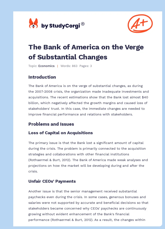 The Bank of America on the Verge of Substantial Changes. Page 1