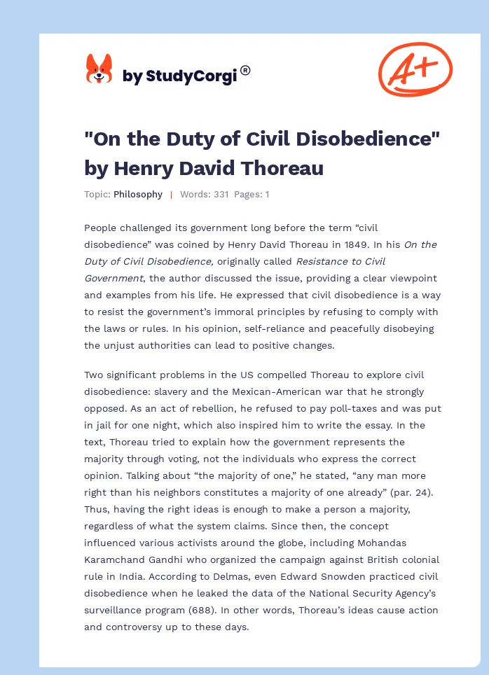 "On the Duty of Civil Disobedience" by Henry David Thoreau. Page 1
